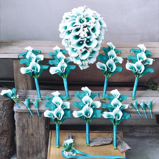 Solid Teal Calla Lily Cascade Bouquet, White Teal Picasso Wedding Bouquet, Choose Ribbon Boho Teal Bridal Bouquet, Rustic Teal Calla Lily