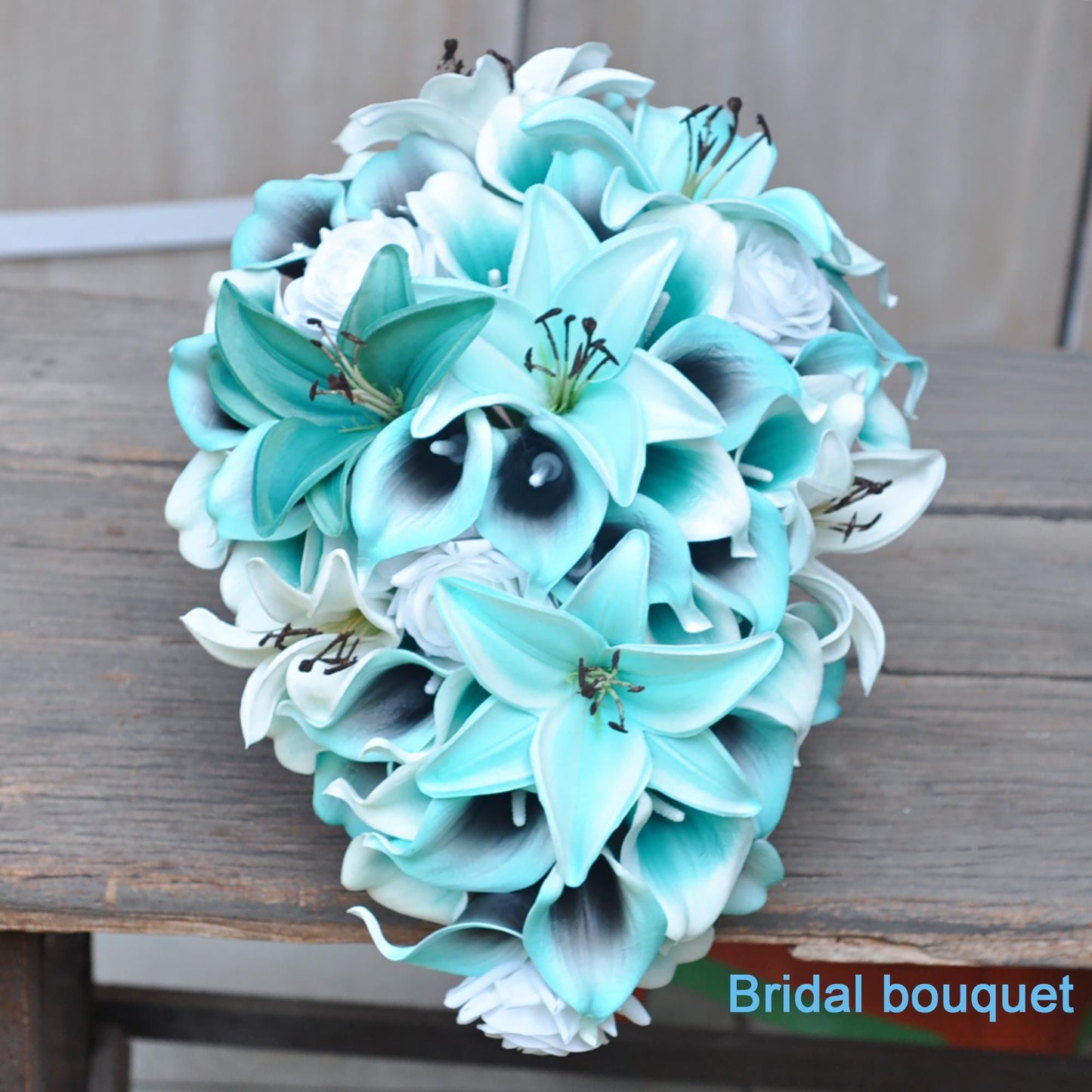 Cascade Tiffany Calla Lily Bridal Bouquet, Tiger Lily Bridesmaid Bouquet, Spa Turquoise Lily Bouquet, Rustic White Beach Wedding Bouquet