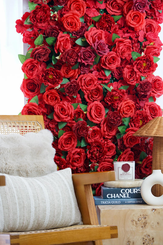 Vintage Red Fabric Rose Flower Wall - Easy Install 5D Flower Panel, Custom Shop Wall Decor, Baby Shower Backdrop, Wedding Photo Background