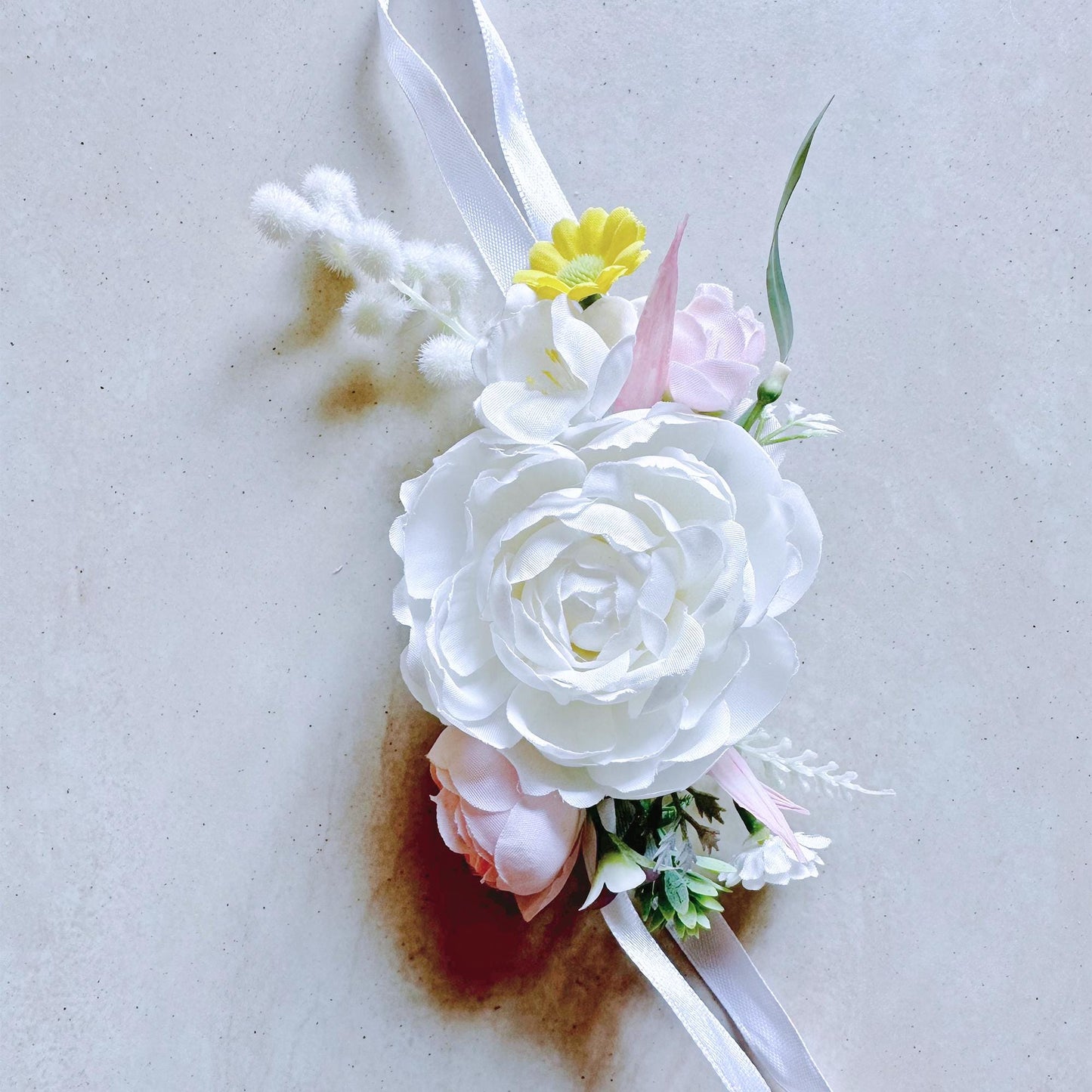 Fairytale White Peony Pearl Bracelet, Wrist Ribbon Corsage Gift For Her Princess Wedding, Bridesmaid Gift, Flower Girl Bridal Accessories