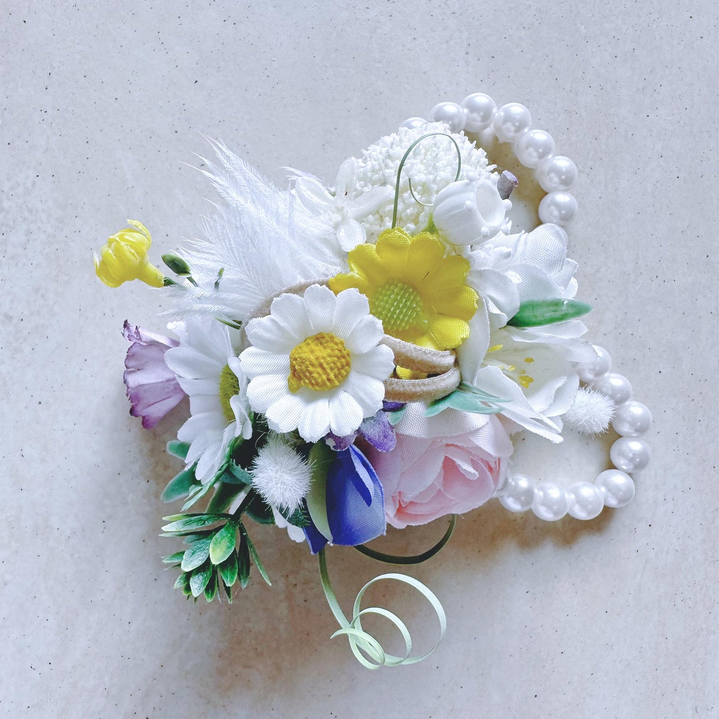 Wildflower Pearl Bracelet, White Feather Wrist Corsage Gift For Her Princess Wedding, Sunflower Corsage Gift For Mom, Prom, Bridesmaid Gift