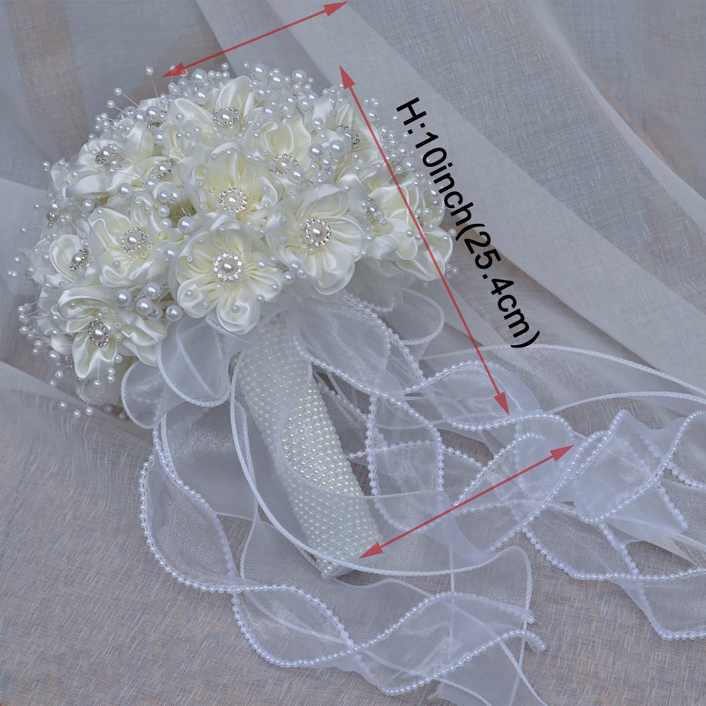 Elegant Pearl Ivory Ribbon Rose Bouquet, Personalized Wedding Rose Flowers, Bridesmaid Gift Idea, Wedding Engagement Gifts Ideas