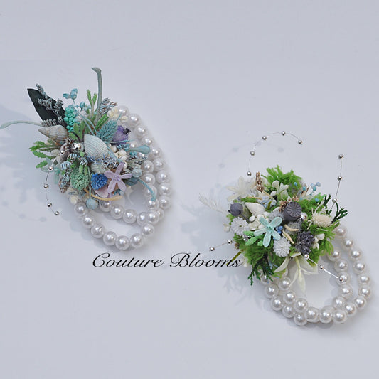 Forever Summer Real Flower Corsage, Rustic Pearl Bracelet Beach Wedding Corsage, Romantic Seaside Twist Corsage, Mom Bride to Be Corsage
