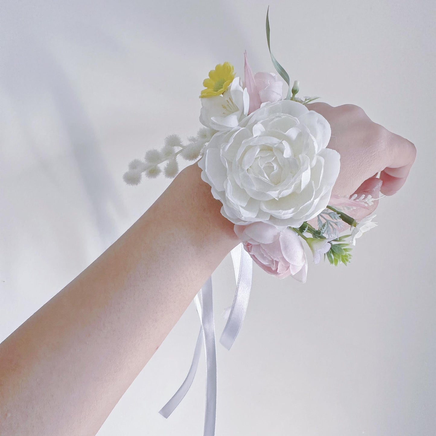 Fairytale White Peony Pearl Bracelet, Wrist Ribbon Corsage Gift For Her Princess Wedding, Bridesmaid Gift, Flower Girl Bridal Accessories