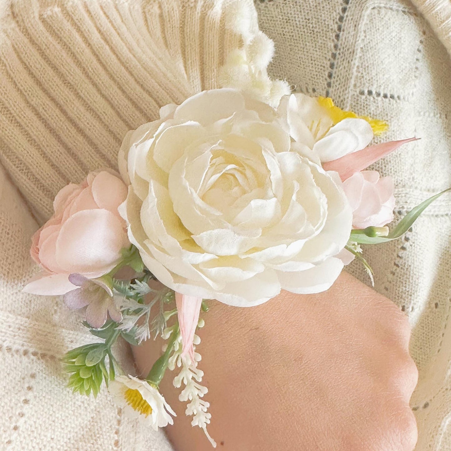 Fairytale White Peony Pearl Bracelet, Wrist Ribbon Corsage Gift For Her Princess Wedding, Bridesmaid Gift, Flower Girl Bridal Accessories