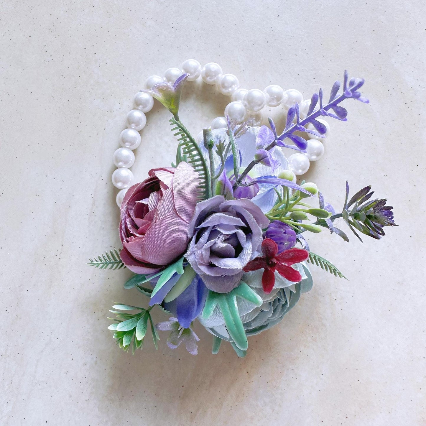 Monet's Garden Style Pearl Bracelet, Purple Wrist Corsage Gift For Her Garden Wedding, Bachelorette Party, Bridal Accessories Wedding Gift