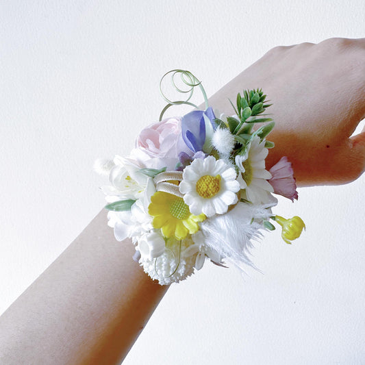 Wildflower Pearl Bracelet, White Feather Wrist Corsage Gift For Her Princess Wedding, Sunflower Corsage Gift For Mom, Prom, Bridesmaid Gift