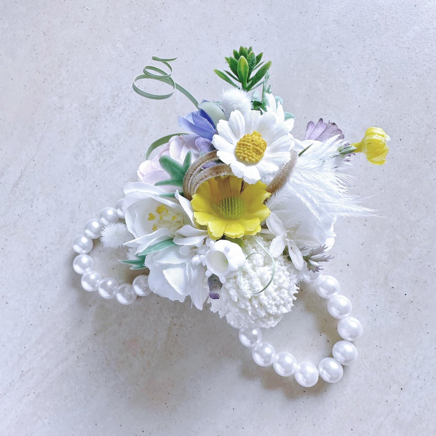 Wildflower Pearl Bracelet, White Feather Wrist Corsage Gift For Her Princess Wedding, Sunflower Corsage Gift For Mom, Prom, Bridesmaid Gift