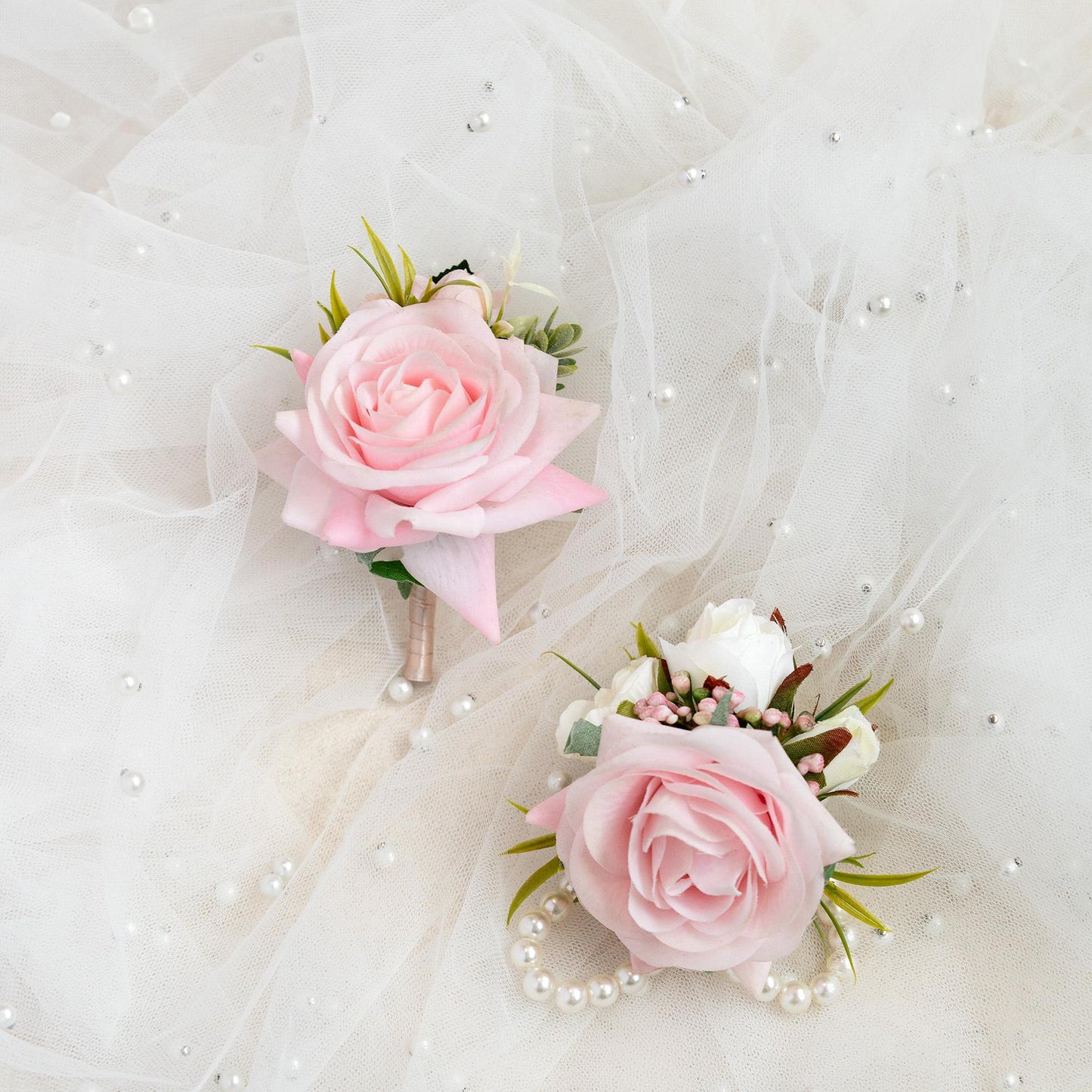 Personalized Real Touch Light Pink Rose Pearl Bracelet Wrist Corsage Gift for Bridesmaid, Prom, Flower Girl, Bridal Shower Accessories Gift