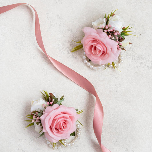 Dusty Pink Rose Corsage For Rustic Wedding Gift, Wrist Pearl Bracelet, Flower Girl Corsage, Real Touch Rose Prom Bracelet, Groom Boutonniere