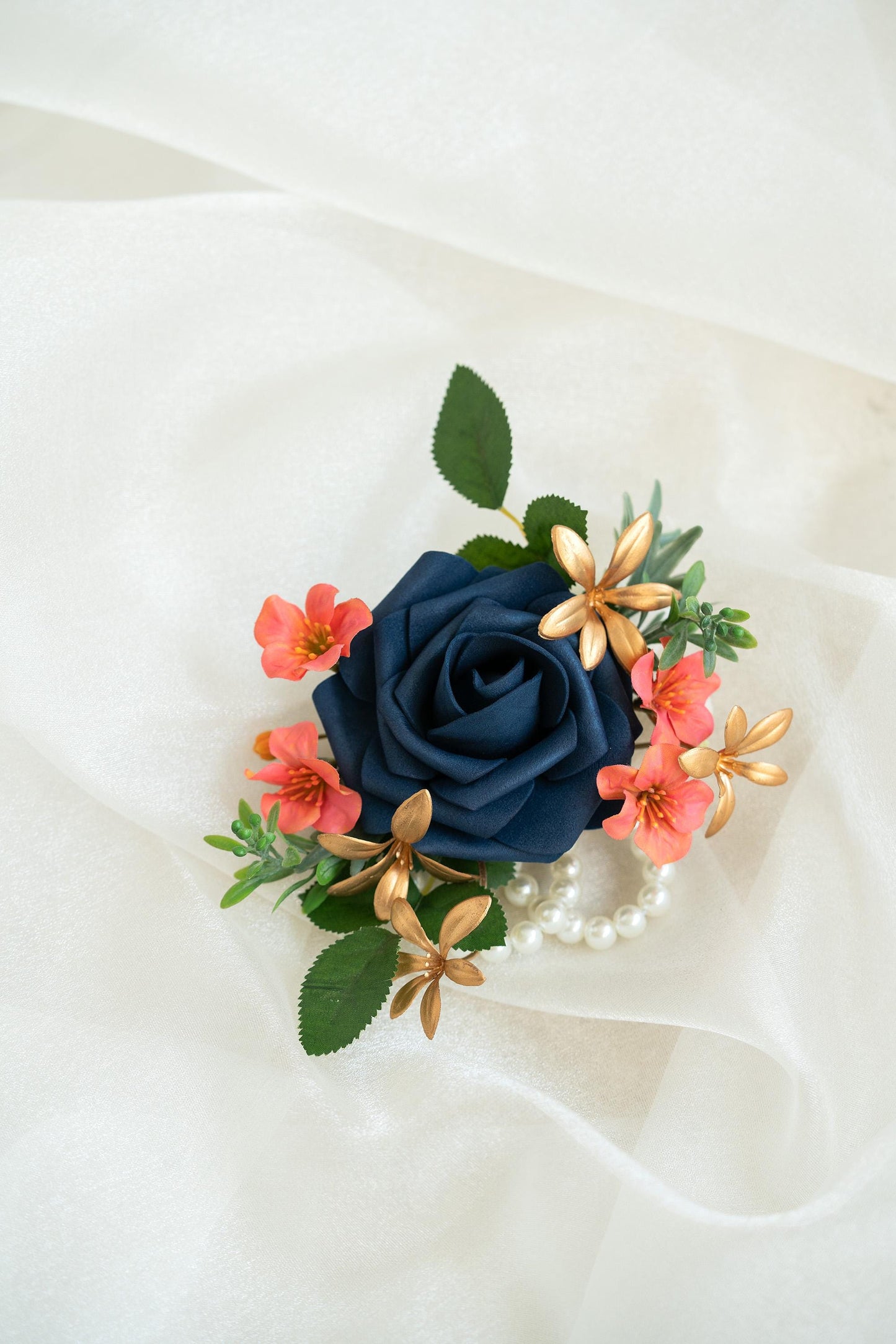 Navy Blue Foam Rose Pearl Bracelet Wrist Corsage Gift for Her Prom, Wedding, Bridesmaid Gift, Bridal Accessories, Coral Best Man Boutonniere