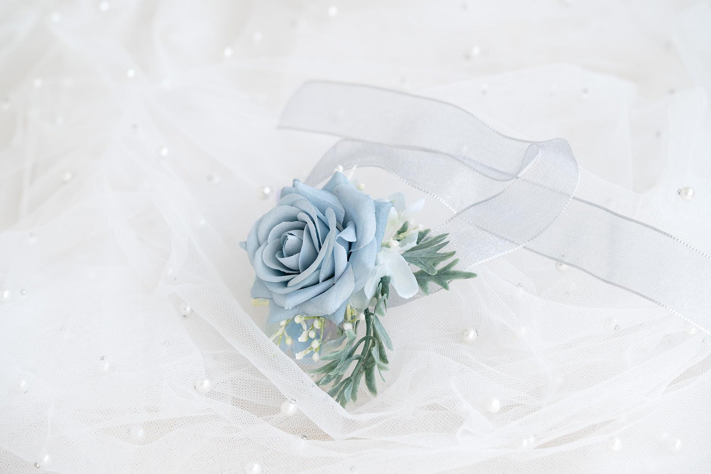 Gray Blue Rose Wrist Corsage for Boho Wedding, Flower Girl Wristlet, Teal Gray Prom Corsage, Groom Boutonniere, Bridesmaid Corsage Gift