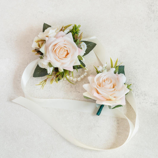 Champagne Rose Pearl Bracelet Wrist Corsage, Bridesmaid Gift for Her, Anniversary, Bridal Shower, Wedding Gift, Prom Boutonniere Gift