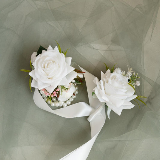 Elegant Real Touch White Rose Pearl Bracelet, Wrist Corsage Wedding Gift for Her, Bridesmaid, Mom, Prom Boutonniere, Bridal Accessories