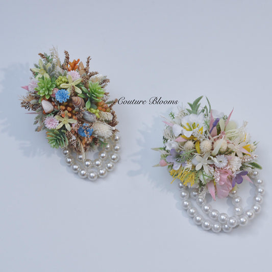 Forever Spring Style Real Flower Corsage, Rustic Pearl Bracelet Countryside Wedding Corsage, White Pink Romantic Twist, Mother Bride Corsage