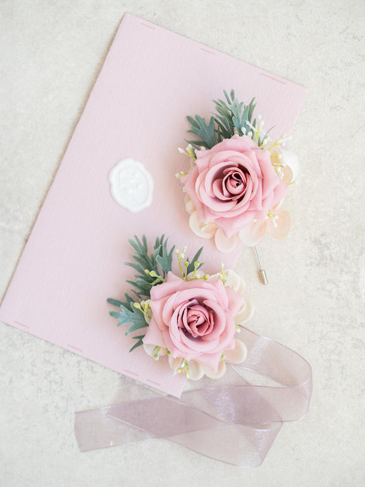 Personalized Dusty Pink Rose Pearl Bracelet Wrist Corsage For Boho Wedding, Flower Girl Gift, Prom, Bridesmaid Corsage, Groom Boutonniere