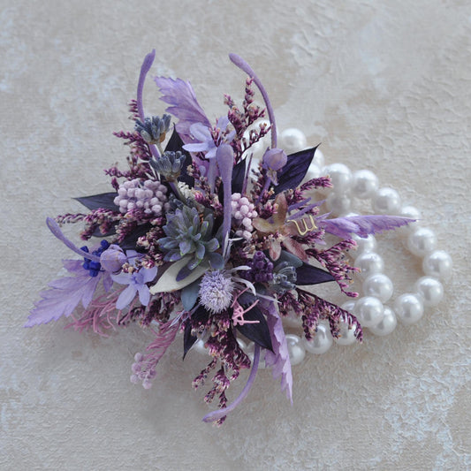 Personalized Purple Wildflower Pearl Bracelet - Perfect Wrist Corsage Gift for Scorpio Bride, Prom, Birthday, Mother’s Day, Anniversary Gift