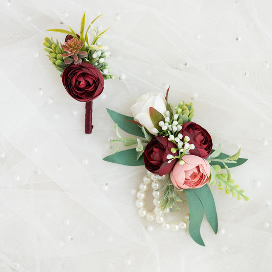 Burgundy Pearl Bracelet - Wrist Corsage Gift For Her BOHO Wedding,Bridesmaid,Prom,Mom,Dusty Rose Bridal Accessories, Best Man Boutonniere