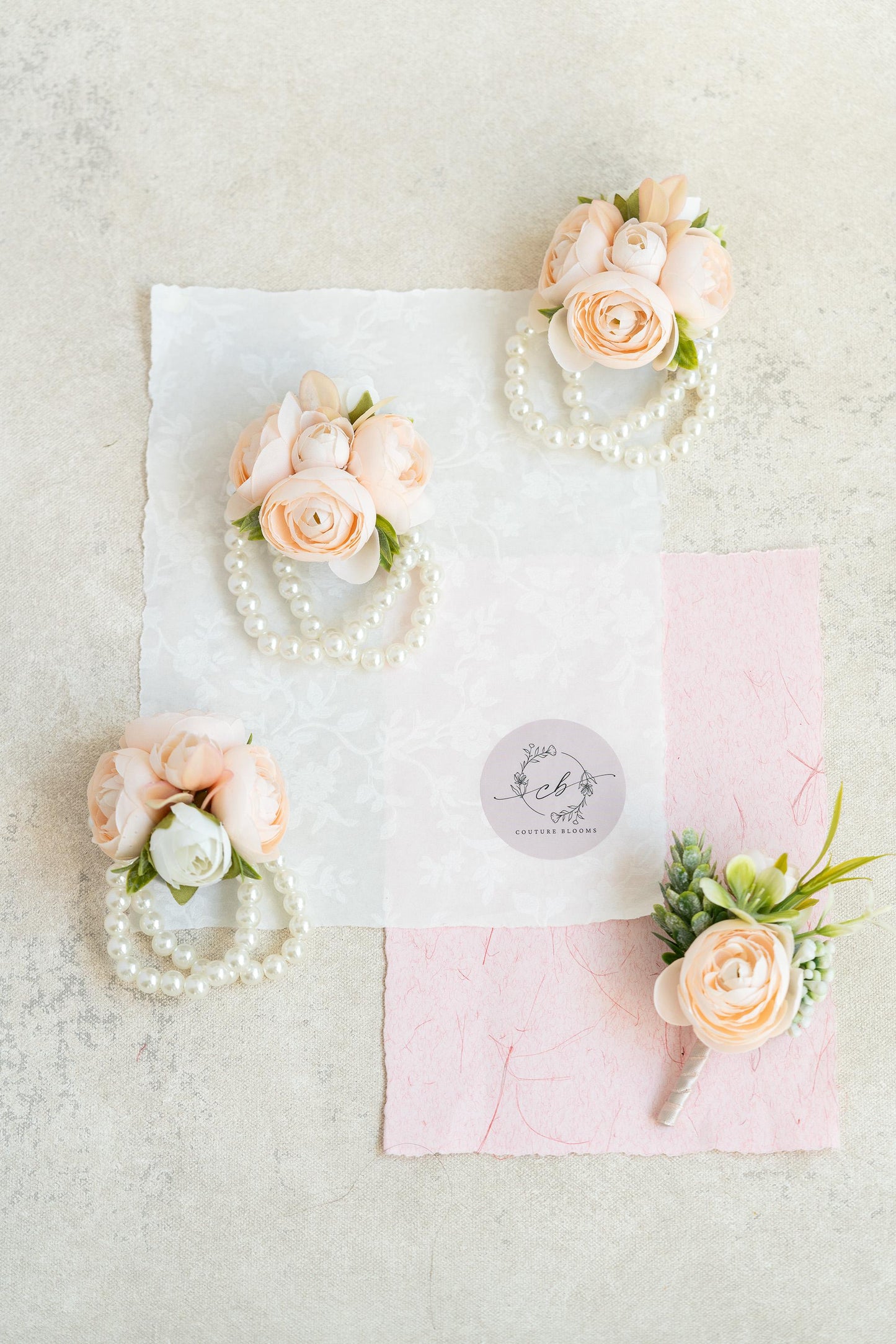 Soft Champagne Rose Pearl Bracelet Wrist Corsage, Silk Ranunculus Corsage, Flower Girl Corsage, Rustic Rose Prom Boutonniere, Gift for Her