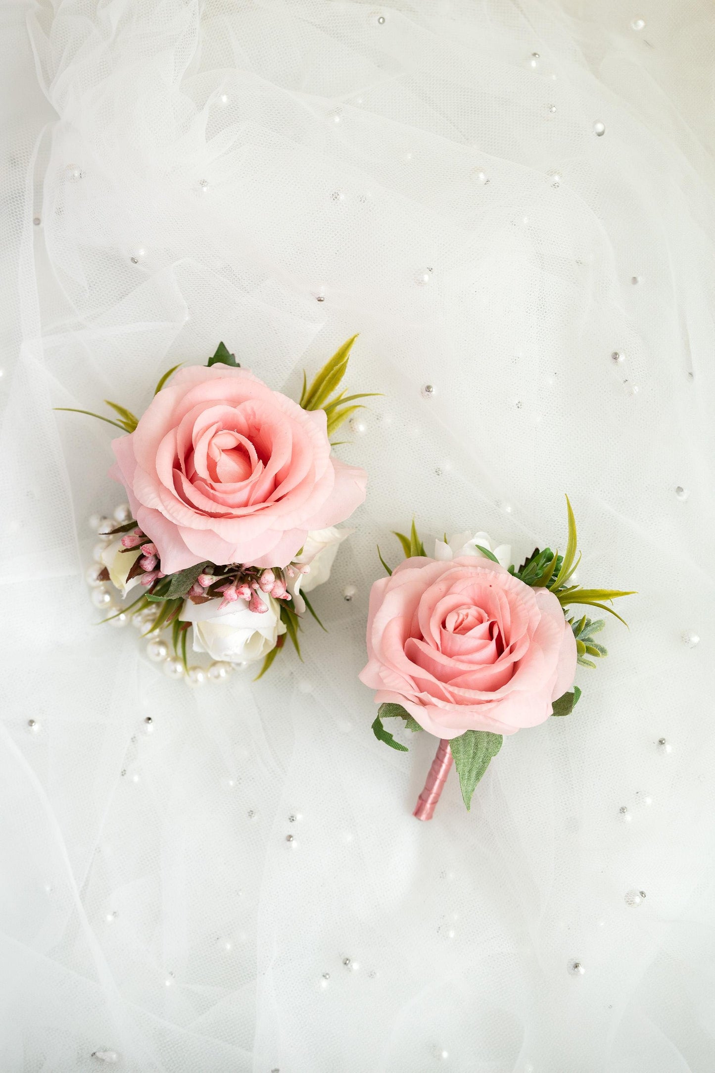 Dusty Pink Rose Corsage For Rustic Wedding Gift, Wrist Pearl Bracelet, Flower Girl Corsage, Real Touch Rose Prom Bracelet, Groom Boutonniere