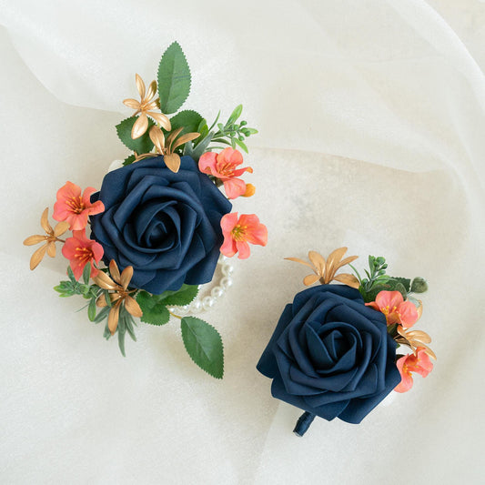 Navy Blue Foam Rose Pearl Bracelet Wrist Corsage Gift for Her Prom, Wedding, Bridesmaid Gift, Bridal Accessories, Coral Best Man Boutonniere