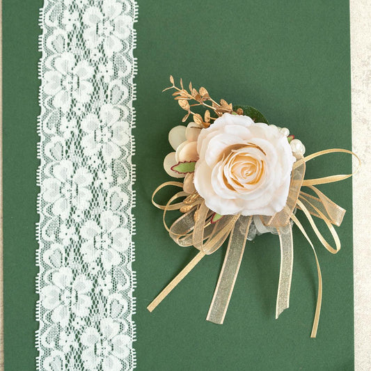 Personalized Ivory Rose Ribbon Bracelet Wrist Corsage Gift For Her Bridesmaid, Rose Corsage Gift For Mom, Prom, Gold Bridal Accessories