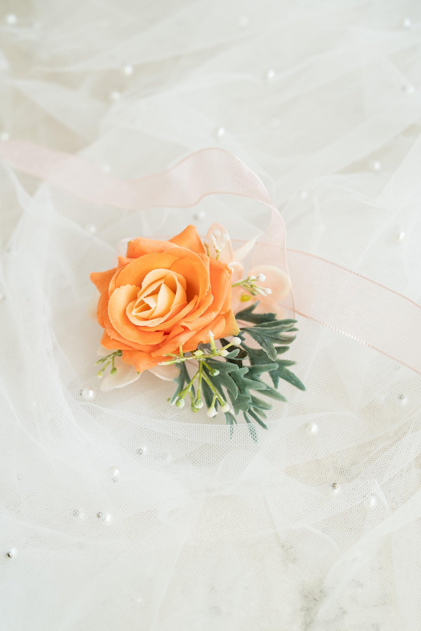 Juicy Orange Ribbon Bracelet Wrist Corsage Gift For Her Prom, BOHO Wedding, Bridesmaid Gift, Bridal Accessories, Best Man Boutonniere Gift