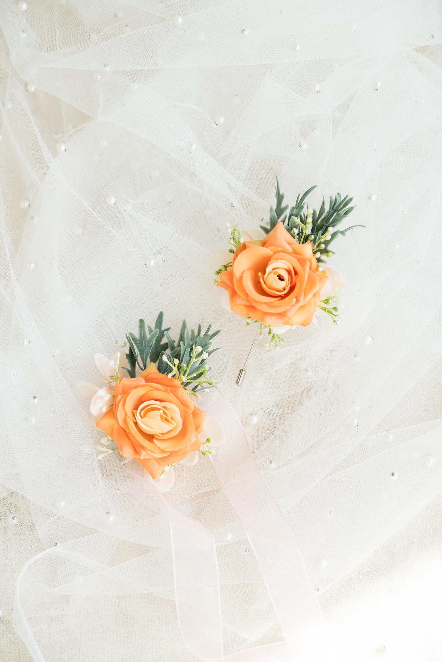 Juicy Orange Ribbon Bracelet Wrist Corsage Gift For Her Prom, BOHO Wedding, Bridesmaid Gift, Bridal Accessories, Best Man Boutonniere Gift