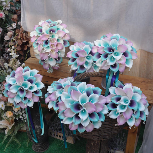 Tiffany Blue Picasso Calla Lily Bridal Bouquet, Real Touch Aqua Spa Bridesmaid Bouquet, Real Touch Lilac Wedding Bouquet, Wedding Gift