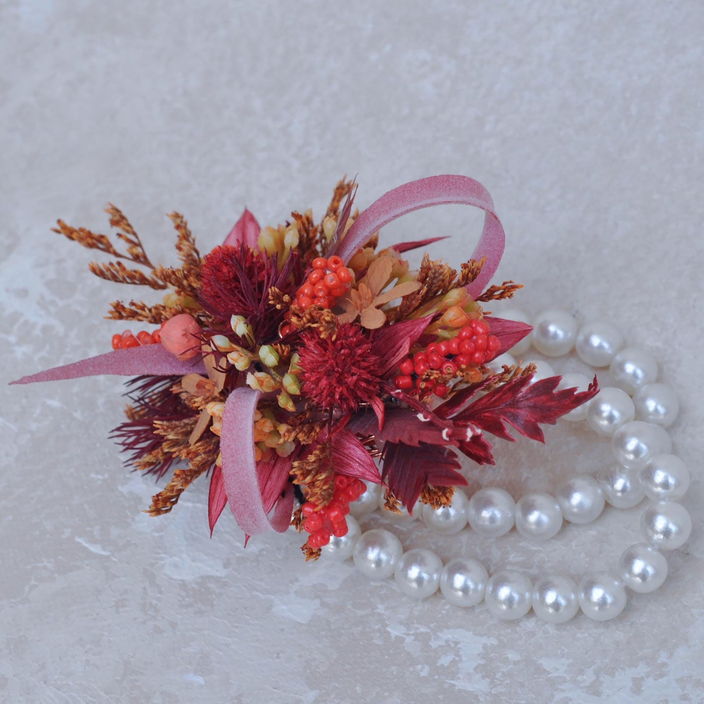 Personalized Red Wildflower Pearl Bracelet - Perfect Gift for Aries Bride, Boho Wedding Wrist Corsage, Prom, Bridesmaid, Anniversary Gift