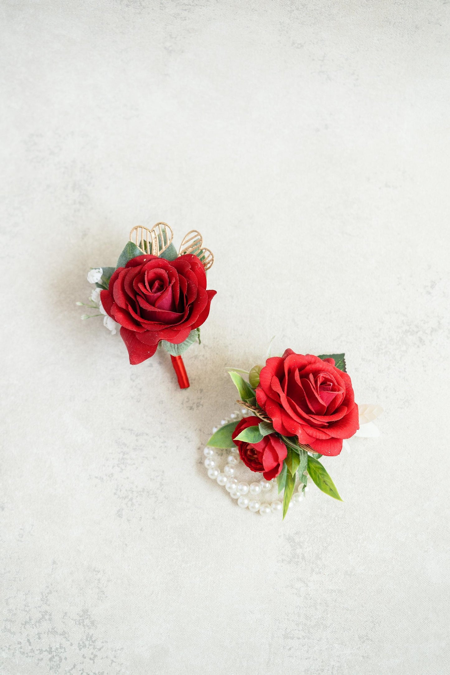 Red Silk Rose Prom Corsage with Gold Heart for Wedding, Flower Girl Wrist Pearl Bracelet, Bridesmaid Corsage Gift for Mom, Groom Boutonniere