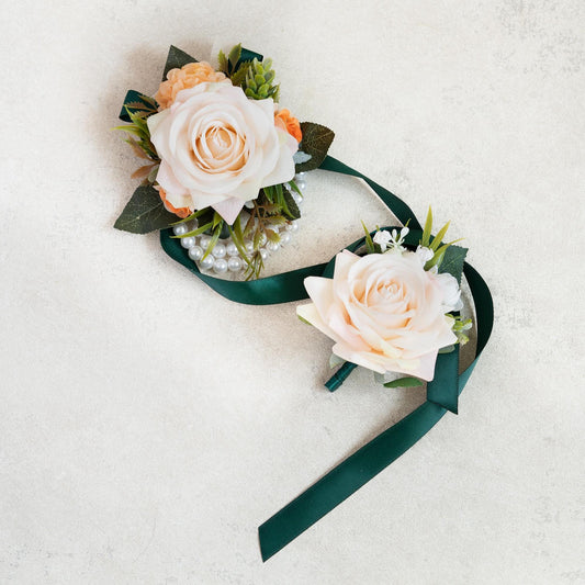 Champagne Pink Pearl Bracelet Wrist Corsage, Wedding Gift, Flower Girl, Bridesmaid, Mom, Bridal Accessories, Real Touch Boutonniere Prom