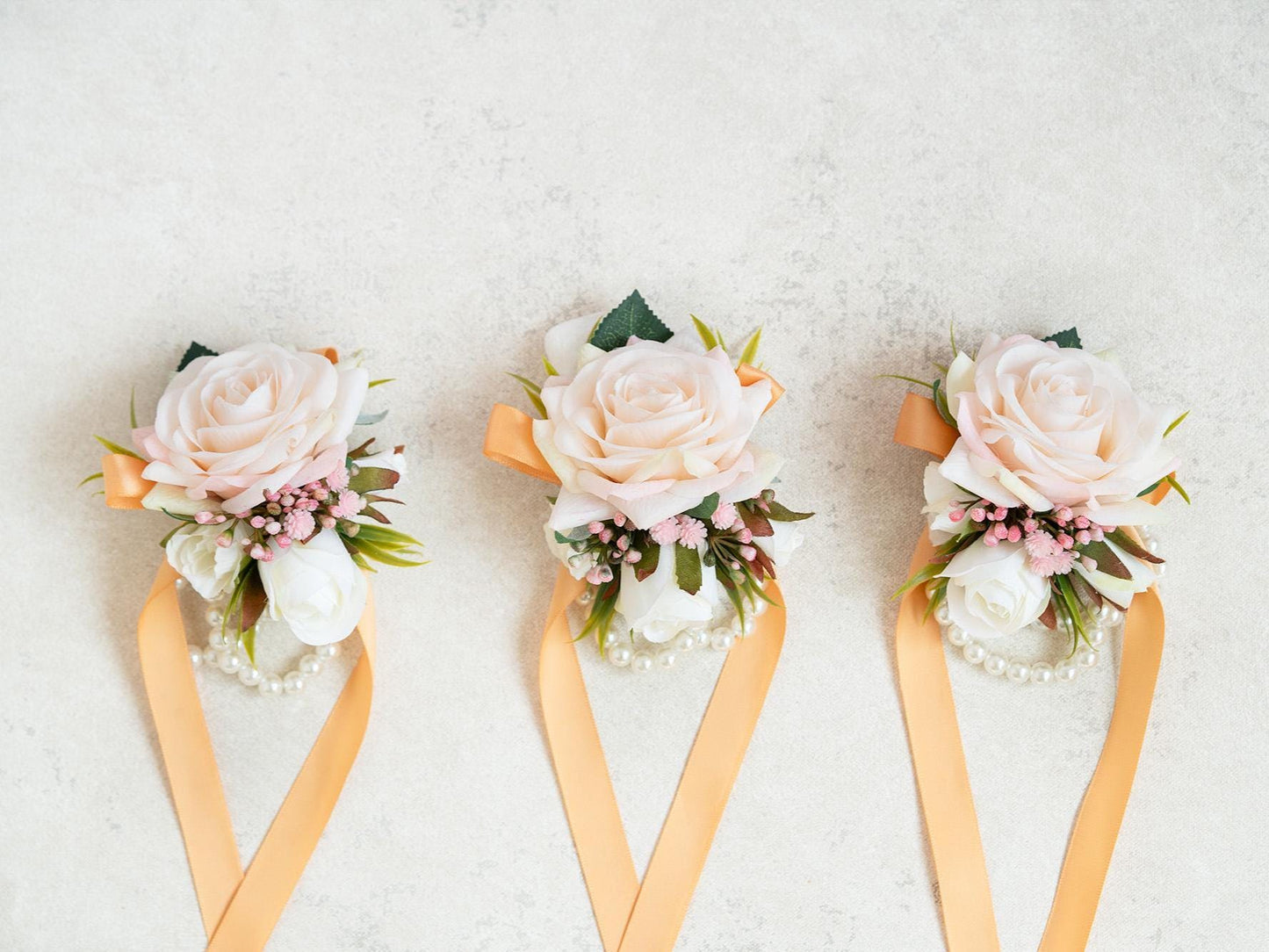 Real Touch Champagne Pink Pearl Bracelet Wrist Corsage Gift for Wedding, Flower Girl, Bridesmaid,Bridal Accessories Gift, Prom Boutonniere