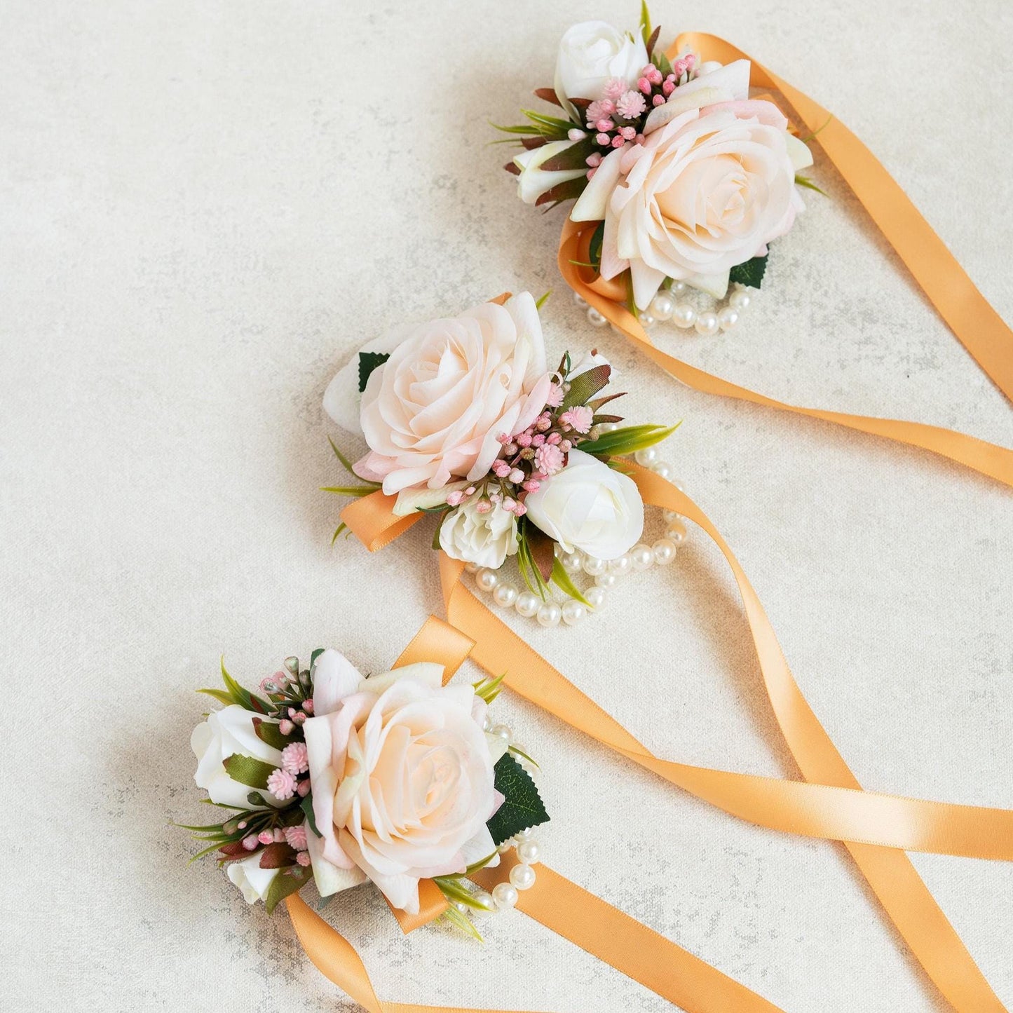 Real Touch Champagne Pink Pearl Bracelet Wrist Corsage Gift for Wedding, Flower Girl, Bridesmaid,Bridal Accessories Gift, Prom Boutonniere