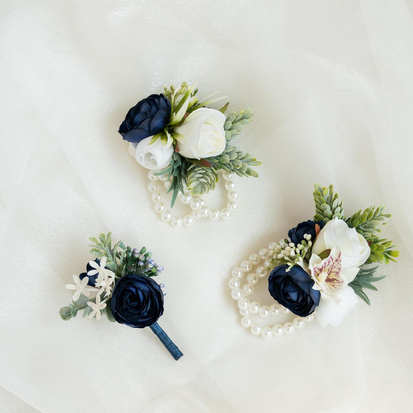Rose Bud & Silk Navy Blue Ranunculus Orchid Corsage for Wedding, Pearl Bracelet for Bridesmaid, Flower Girl, Prom Boutonniere for Groomsmen