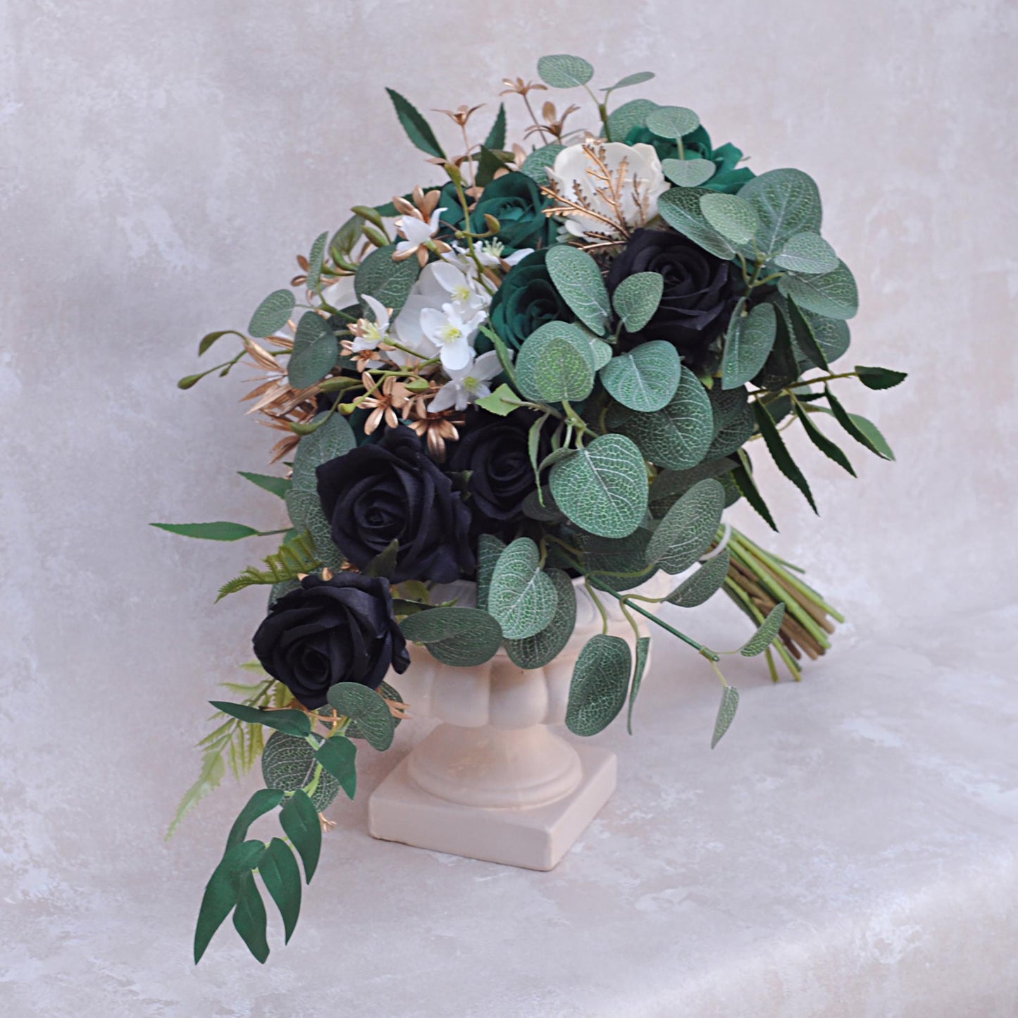 Cascade Botanic Bridal Bouquet, Olive Green Eucalyptus Bridesmaid Bouquet, Historic Black Rose Wedding Bouquet, Bridal Accessories Gift