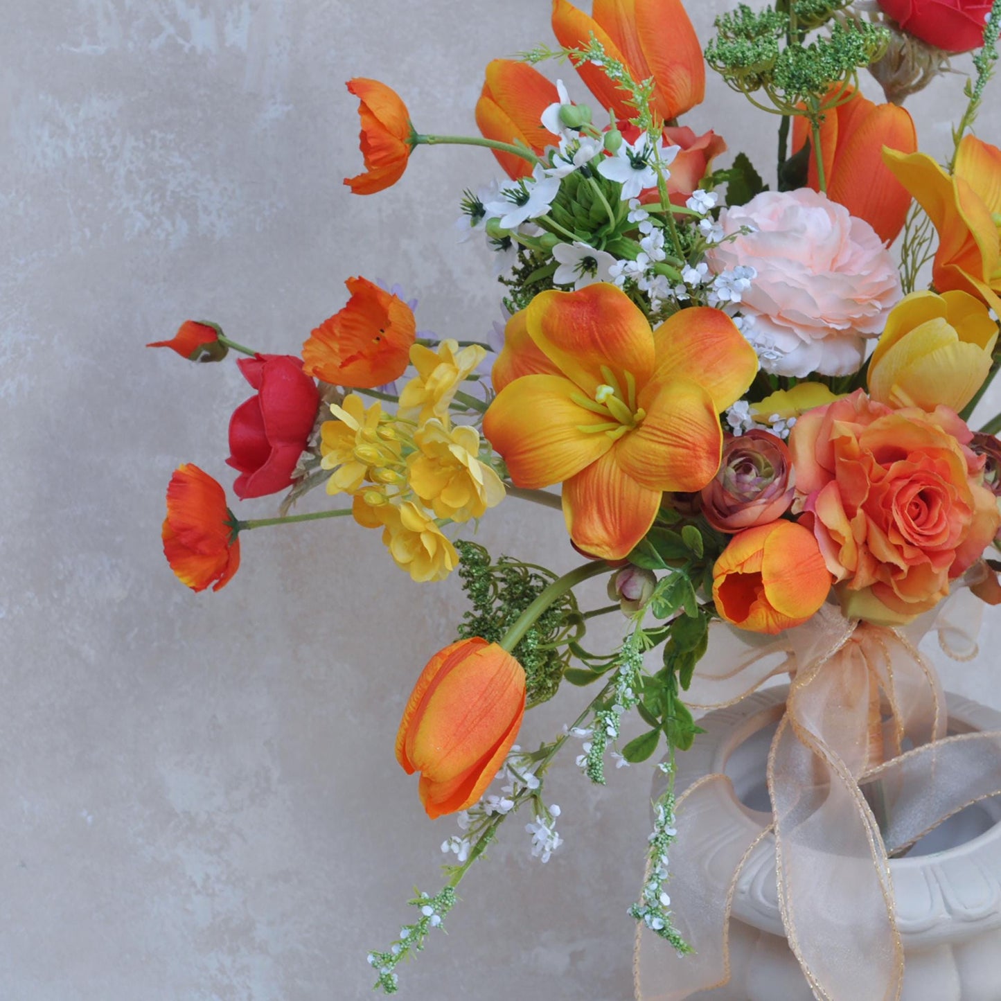 Large Bohemian Rose Bridal Bouquet For Rustic Fall Wedding - Real Touch Sunset Tulip Bouquet, Boho Wedding Bridesmaid Bouquet Gift Box