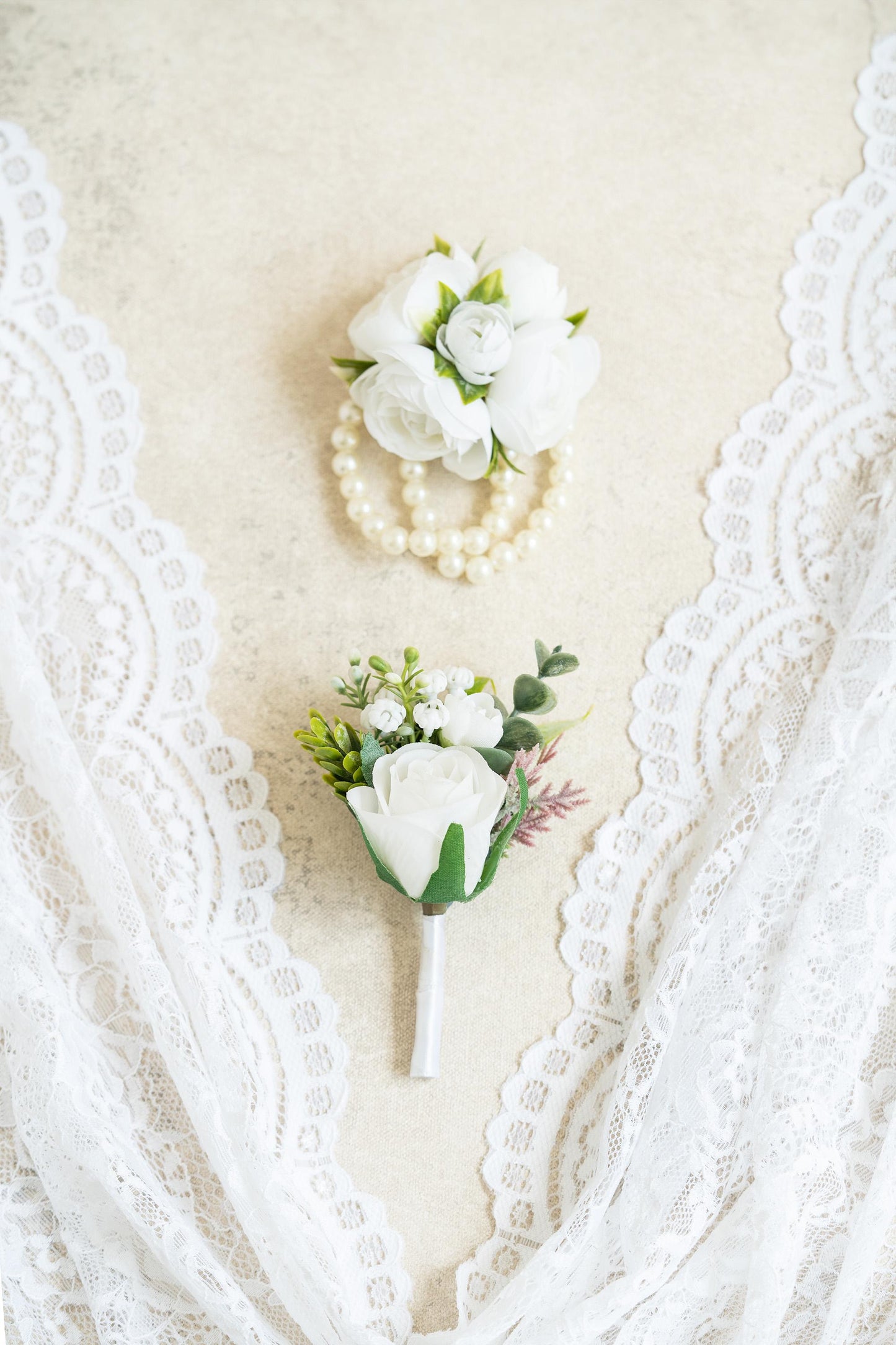 Cute White Rose Pearl Bracelet Corsage Bridesmaid Gift for Her, Anniversary, Baby Shower, Bridal Accessories, Prom Boutonniere Groom Gift