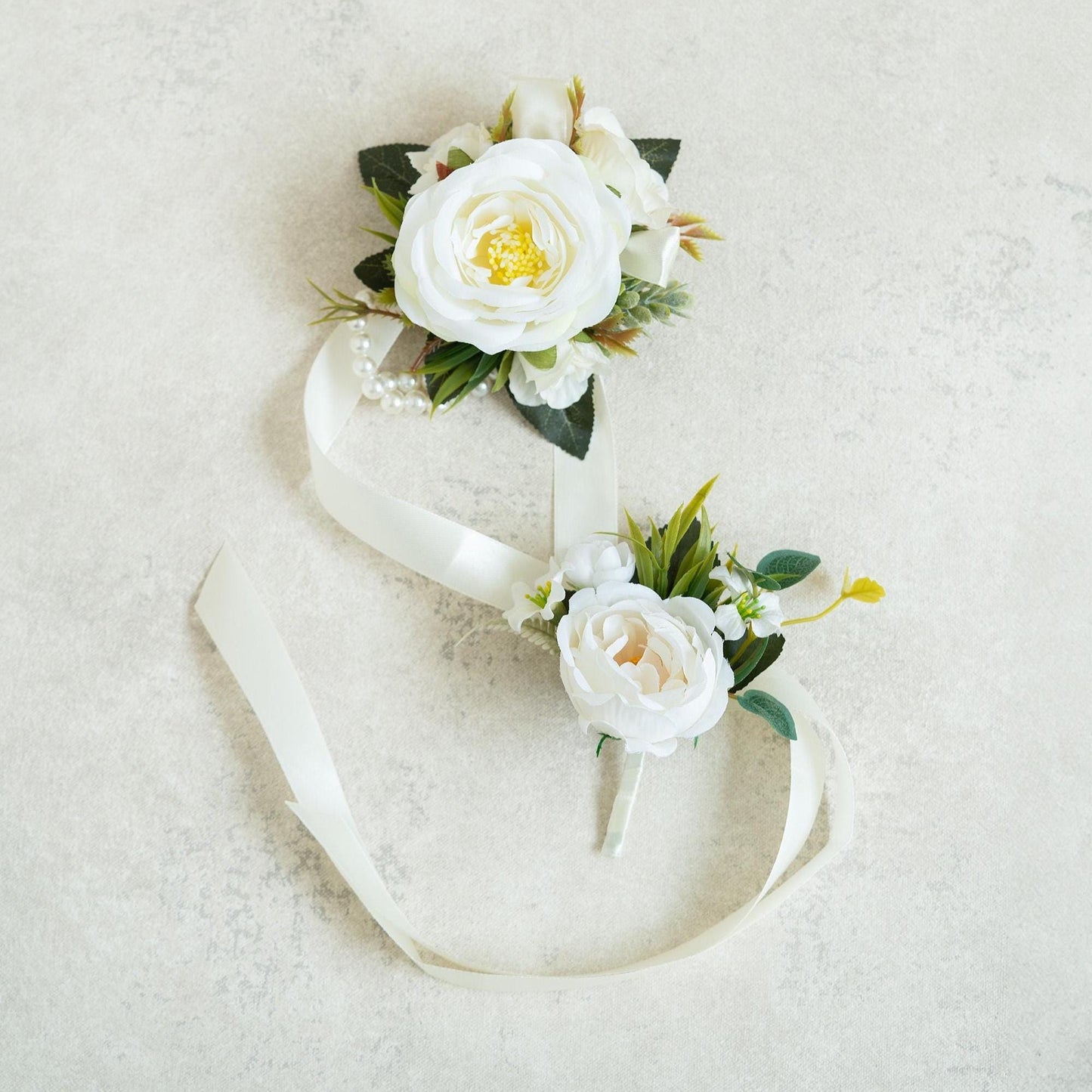 Soft White Rose Pearl Bracelet Wrist Ribbon Corsage Gift for Her Rustic Wedding, Prom, Bridesmaid, Bridal Accessories, Best Man Boutonniere
