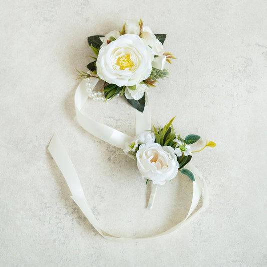 Soft White Rose Pearl Bracelet Wrist Ribbon Corsage Gift for Her Rustic Wedding, Prom, Bridesmaid, Bridal Accessories, Best Man Boutonniere