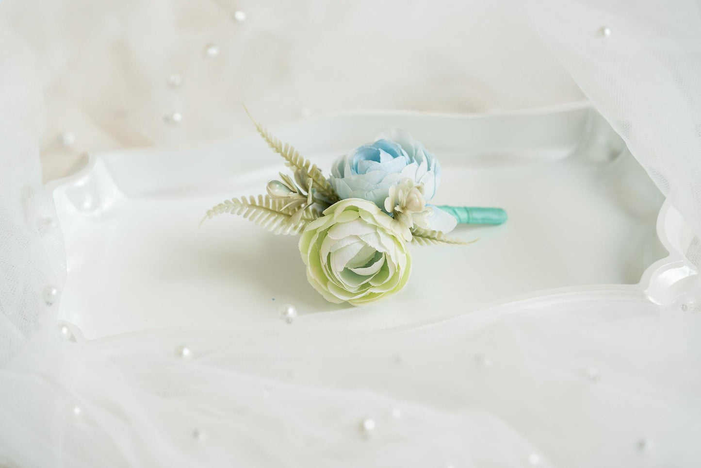 Personalized Mint Blue Rose Pearl Bracelet Wrist Corsage Gift For Her Prom, Proposal, Engaged, Wedding, Something Blue Groom Boutonniere