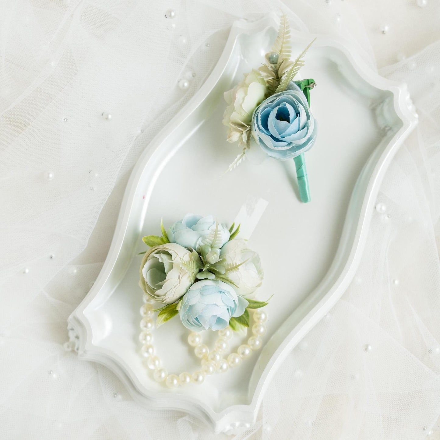 Personalized Mint Blue Rose Pearl Bracelet Wrist Corsage Gift For Her Prom, Proposal, Engaged, Wedding, Something Blue Groom Boutonniere