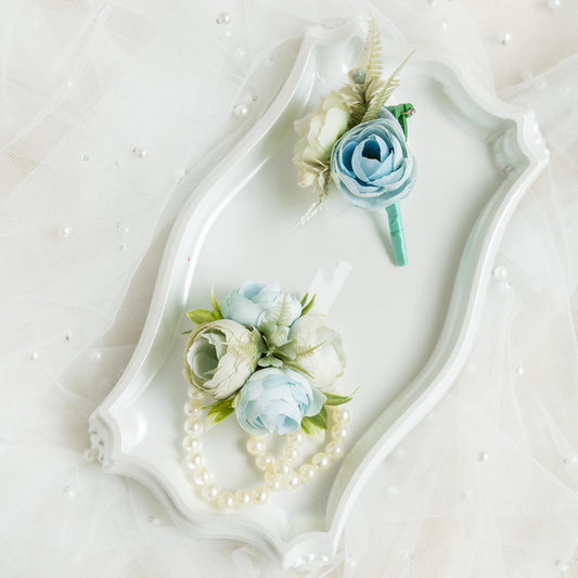 Personalized Mint Blue Rose Pearl Bracelet Wrist Corsage Gift For Her Prom, Proposal, Engaged, Wedding, Something Blue Groom Boutonniere