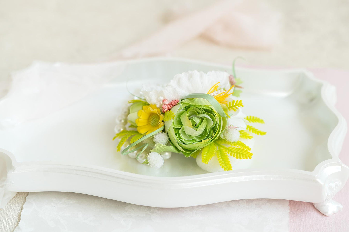 Rustic White Poppy Pearl Bracelet Wrist Corsage Gift for Prom, Church Wedding, Bridesmaid, Mom, Baby Shower, Anniversary, Bridal Accessories