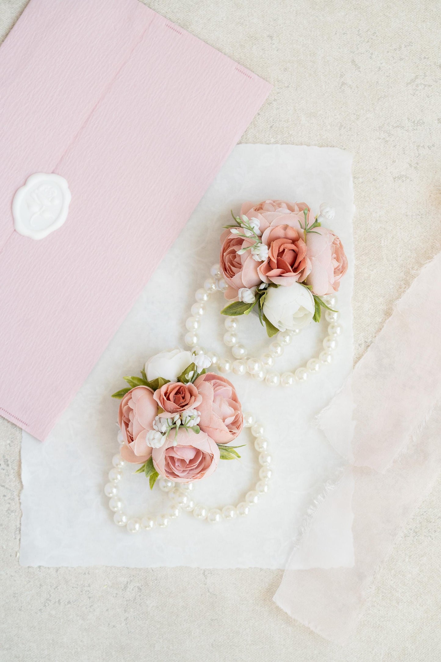 Dusty Rose Corsage For Romantic Wedding, Silk Ranunculus Pearl Bracelet, Flower Girl Cute Corsage, Prom Corsage, Boutonniere, Gift For Her