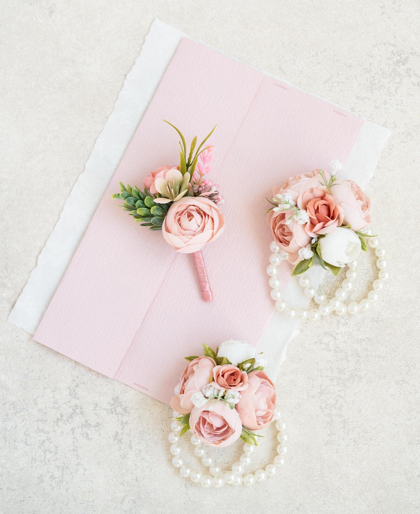 Dusty Rose Corsage For Romantic Wedding, Silk Ranunculus Pearl Bracelet, Flower Girl Cute Corsage, Prom Corsage, Boutonniere, Gift For Her