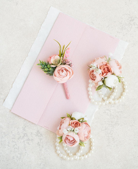 Dusty Rose Corsage For Romantic Wedding, Silk Ranunculus Pearl Bracelet, Flower Girl Cute Corsage, Prom Corsage, Boutonniere, Gift For Her