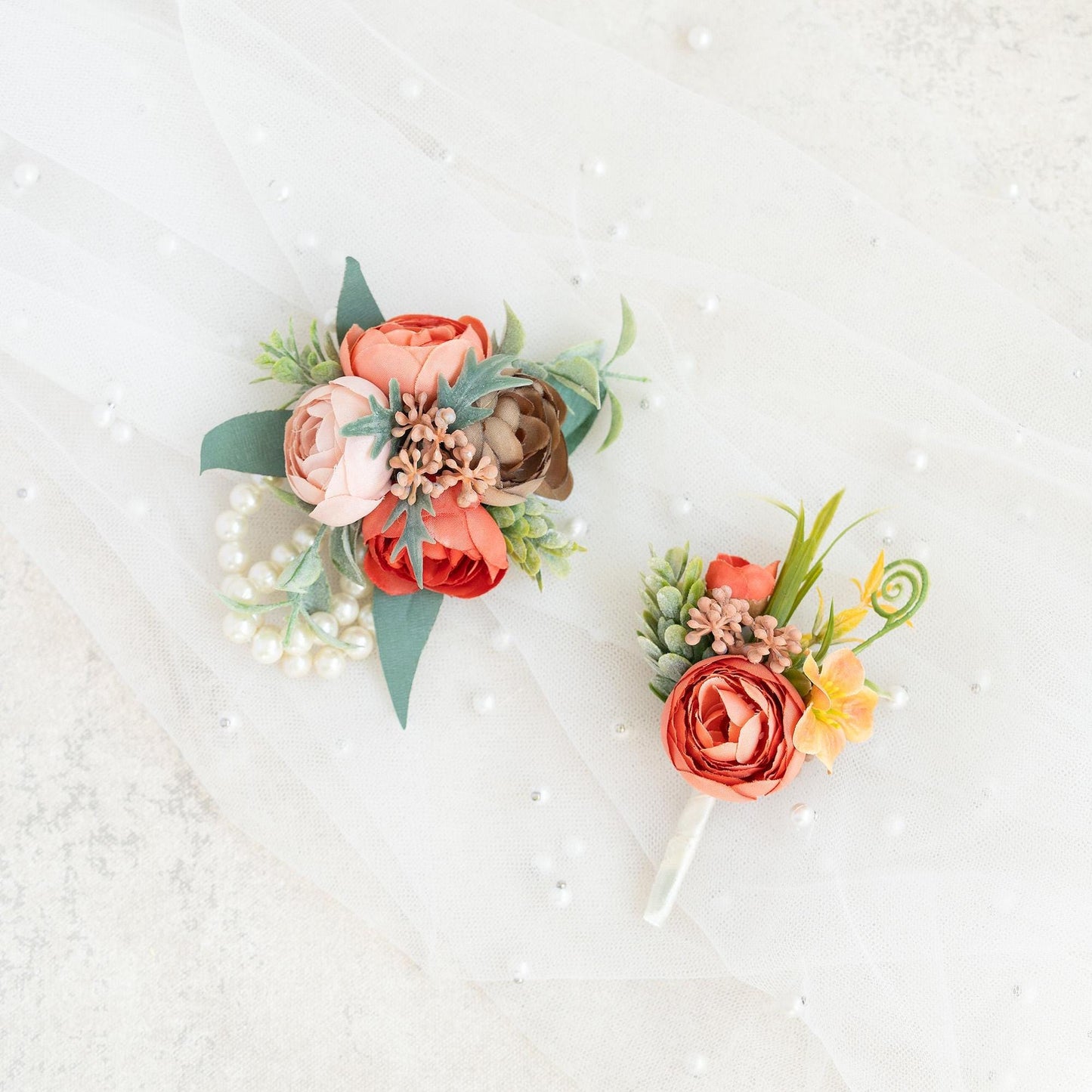 Bohemia Corsage for Boho Wedding, Silk Ranunculus Rose Pearl Bracelet, Flower Girl Corsage, Rustic Rose Prom Pin, Boutonniere, Gift for Her