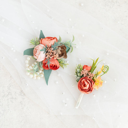 Bohemia Corsage for Boho Wedding, Silk Ranunculus Rose Pearl Bracelet, Flower Girl Corsage, Rustic Rose Prom Pin, Boutonniere, Gift for Her