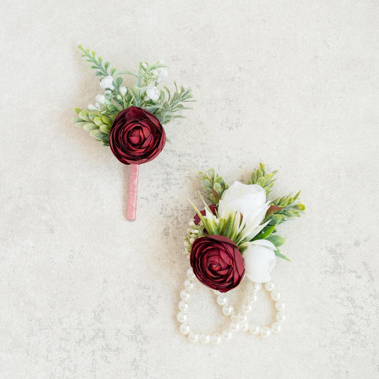 Personalized Burgundy Red Rose Pearl Bracelet, Wrist Corsage, Bridesmaid Gift for Her, Rustic Wedding Bridal Accessories, Prom Burgundy Swag